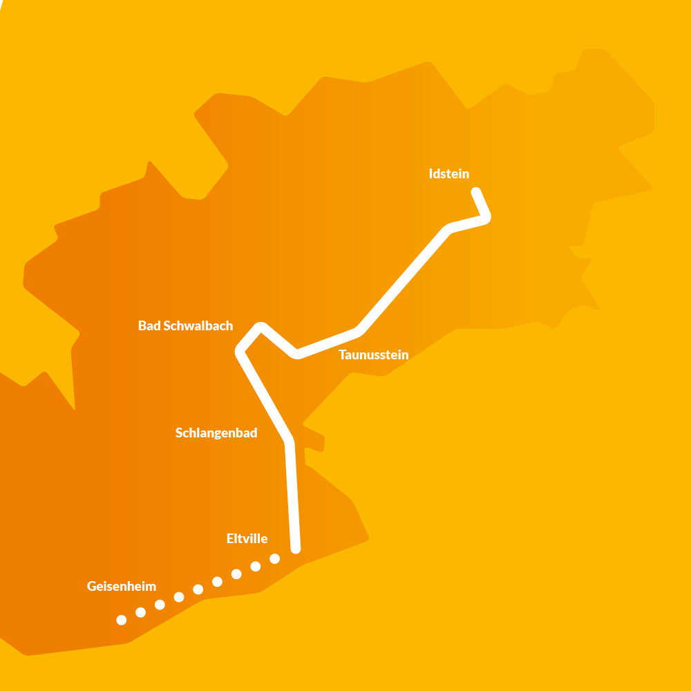 Karte mit weißer Linie zeigt die Busverbindung der Linie 265 von Idstein über Taunusstein und Eltville bis Geisenheim – Verbindung zwischen Untertaunus und Rheingau.