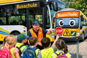 Busschule mit Schüler*innen und einem Linienbus